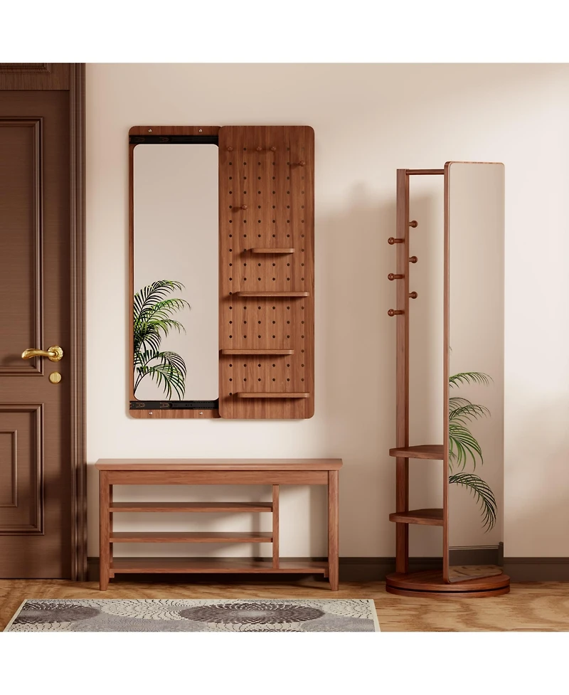 Phying Walnut Multi Functional Design Panel Wall Mounted Full Length Mirror Space Saving Can Be Pushed and Pulled for Bedroom Living Room Entrance