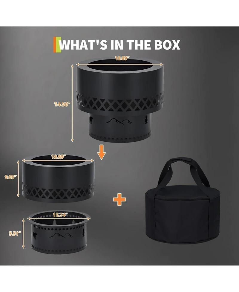 Xo 19 Inch Outdoor Wood Burning Fire Pit, Cold Rolled Steel Smokeless Fire Pit with Waterproof Storage Bag