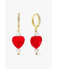 18K Gold Plated Freshwater Pearl with a Red Heart Shape Charm - Kokoro Earrings For Women