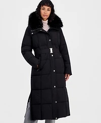 Michael Kors Women's Hooded Puffer Belted Faux-Fur-Collar Coat