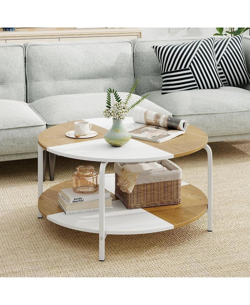 Gymax 2-Tier Round Coffee Table With Storage Shelf Metal Frame for Living Room Apartment