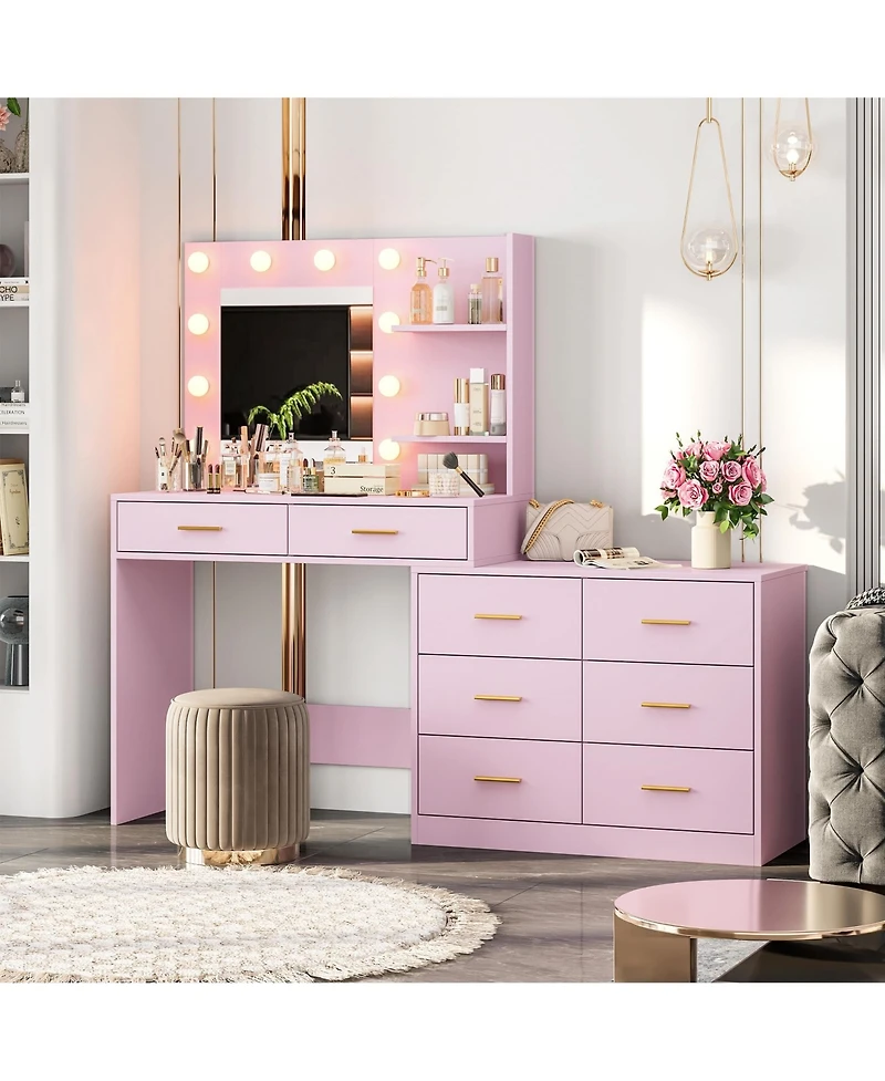 homfan 61" Make Up Vanity Desk with Mirror and Lights, Vanity with 8 Wide Storage Drawers and 2 Tier Shelves