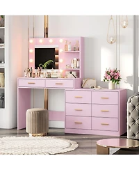 homfan 61" Make Up Vanity Desk with Mirror and Lights, Vanity with 8 Wide Storage Drawers and 2 Tier Shelves