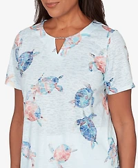 Alfred Dunner Petite Sea Turtle Border Split Neck Top