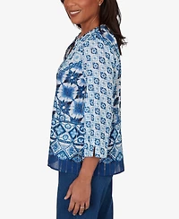 Alfred Dunner Petite Indigo Girls Ikat Tie-Dye Patchwork Henley Top