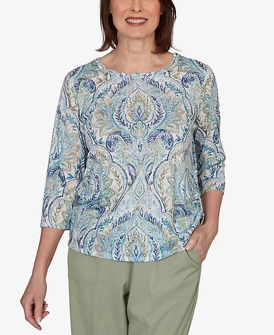 Alfred Dunner Petite Indigo Girls Medallion Print Braided Neck Top