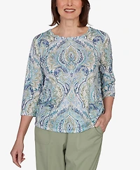 Alfred Dunner Petite Indigo Girls Medallion Print Braided Neck Top