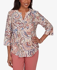 Alfred Dunner Petite Camden Market Paisley Split Neck Knit Top