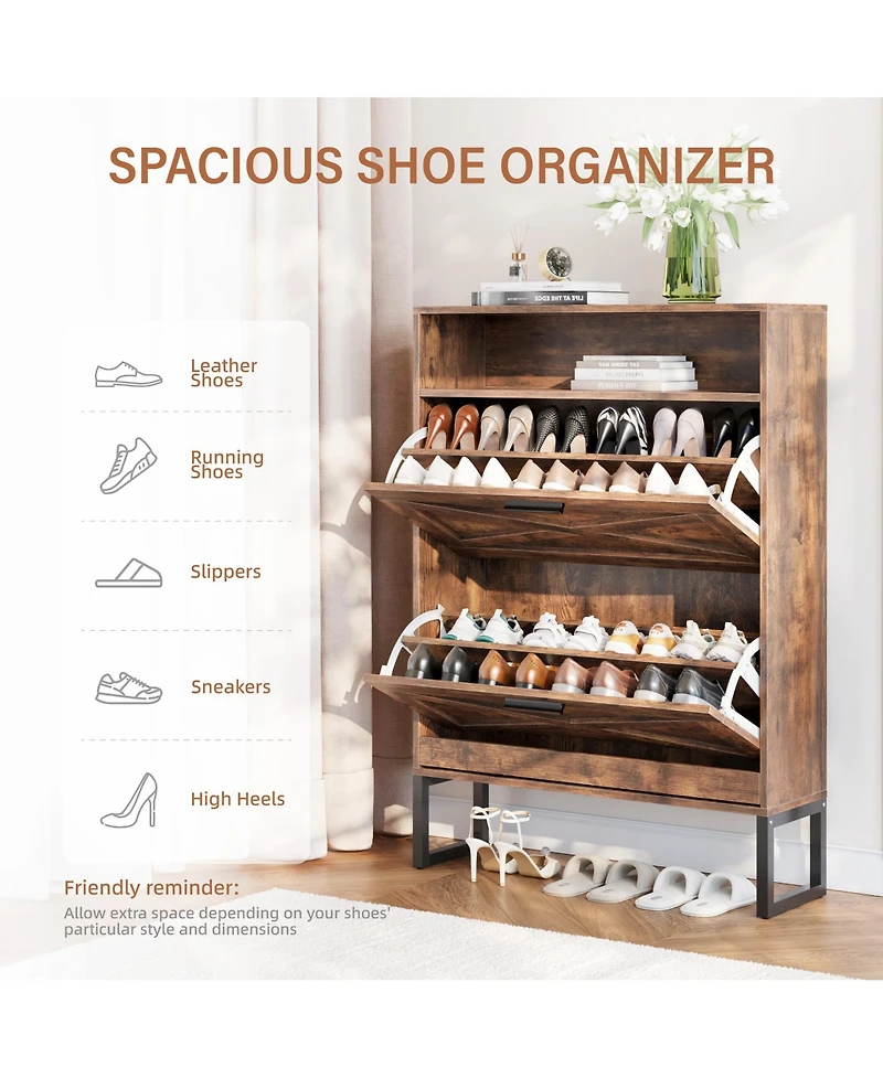 Farmhouse 2-Tier Flip Drawer Shoe Storage Cabinet with Hooks