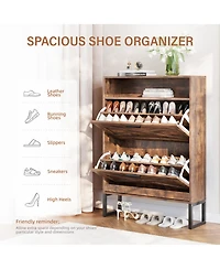 Farmhouse 2-Tier Flip Drawer Shoe Storage Cabinet with Hooks