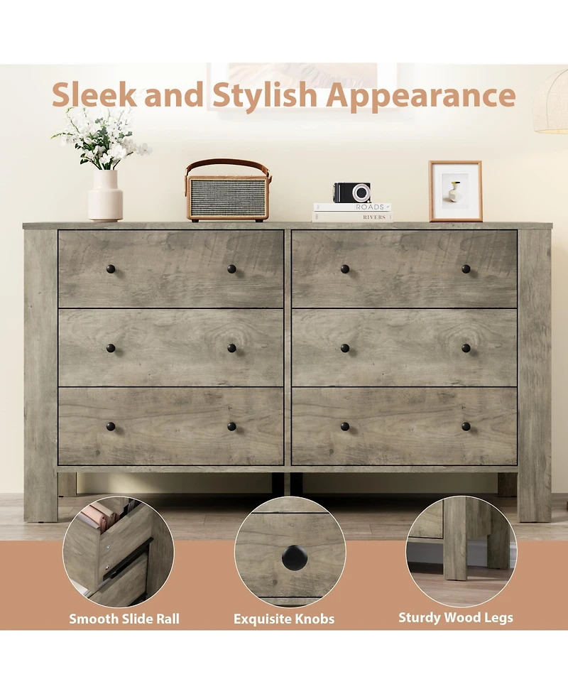 homfan Wide 6 Drawer Dresser for Bedroom - Modern Wooden Chest with Deep Storage Drawers, Metal Knobs Ideal Kids Room, Entryway, Hallway