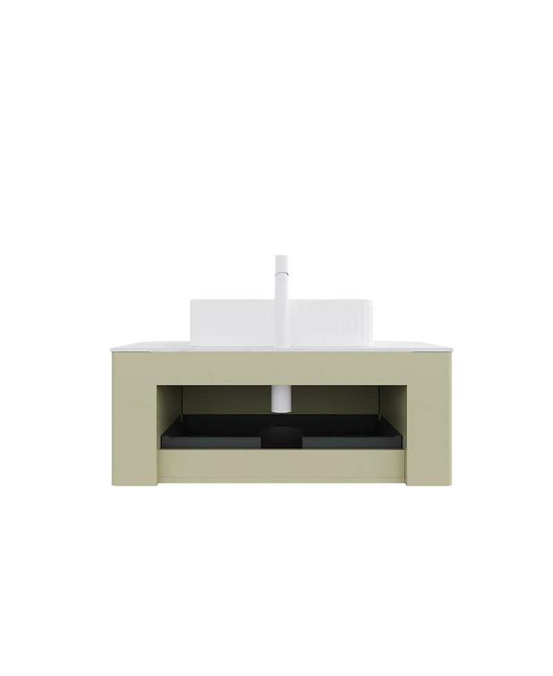 Sillysis Light Green Wall Mounted Bathroom Vanity with Ceramic Sink, Plywood Cabinet, Soft Close Striped Drawer