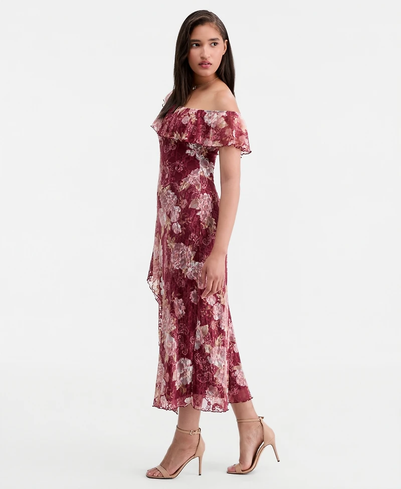Trixxi Juniors' Floral Print Lace One-Shoulder Midi Dress