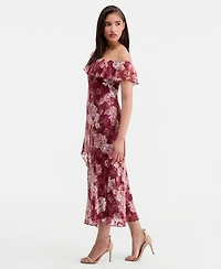 Trixxi Juniors' Floral Print Lace One-Shoulder Midi Dress