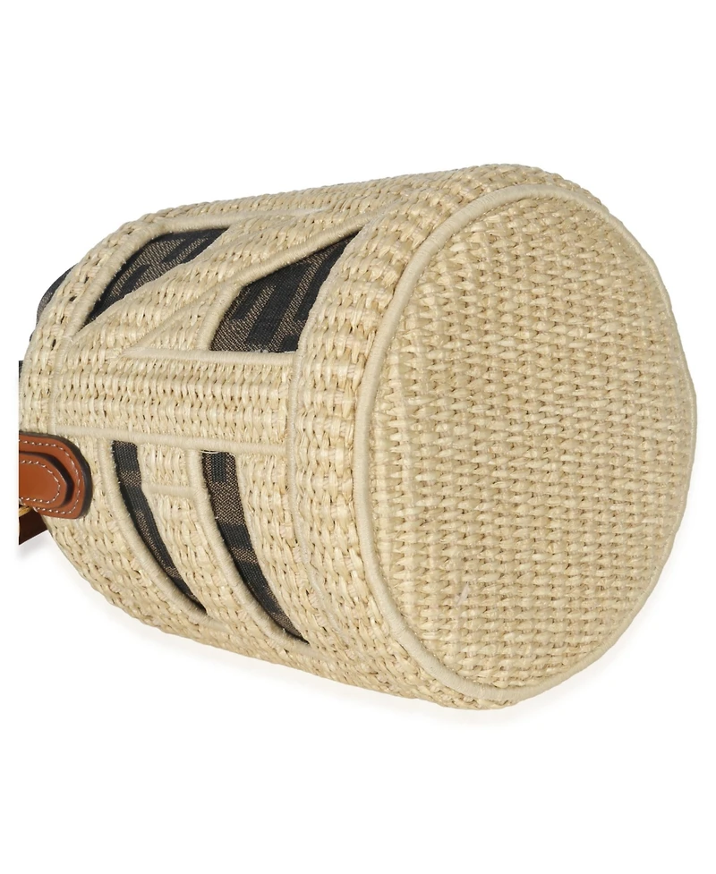 Pre-Owned Fendi Beige Brown Raffia Zucca Canvas Ff Step Out Bucket Bag