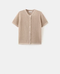Mango Women's Lace Design Short-Sleeved Knitted Cardigan Sweater