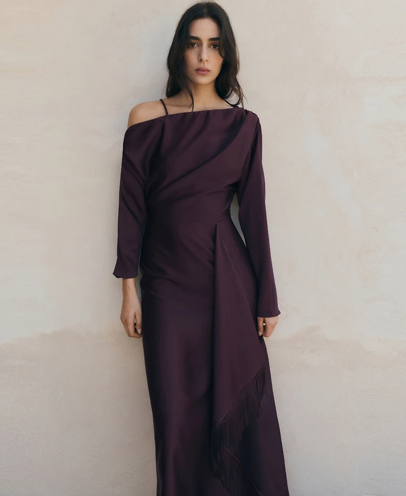 Mango Women's Fringes Asymmetrical Satin Dress