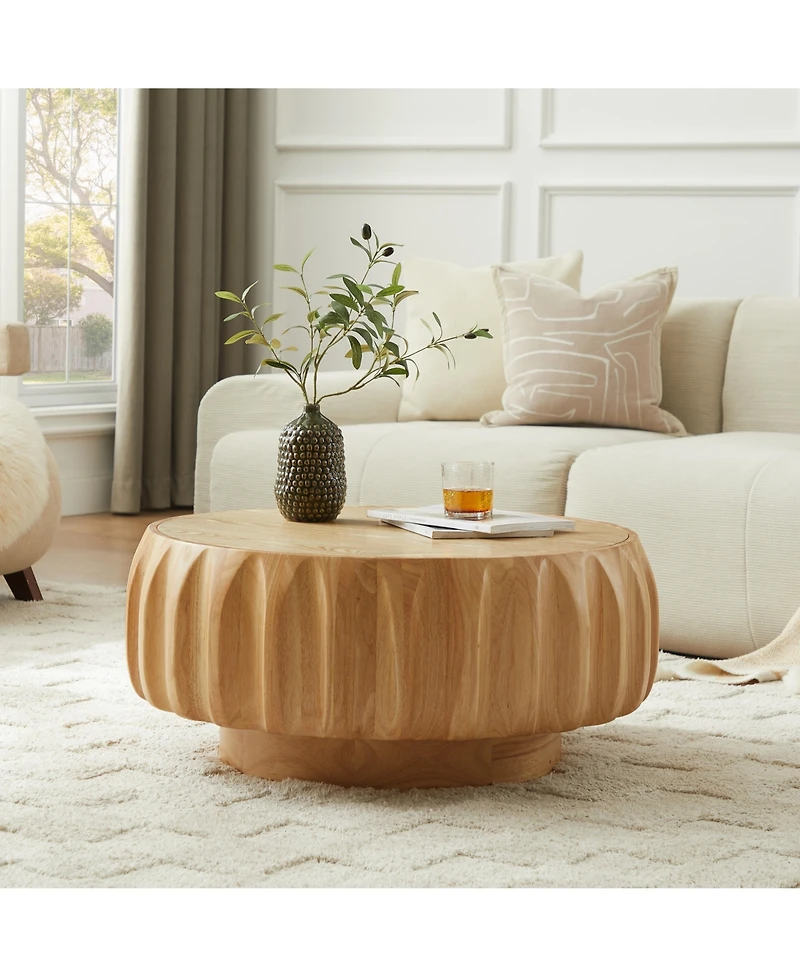 Boyel Living Round Solid Wood Carved Coffee Table with Elegant Sculptural Design