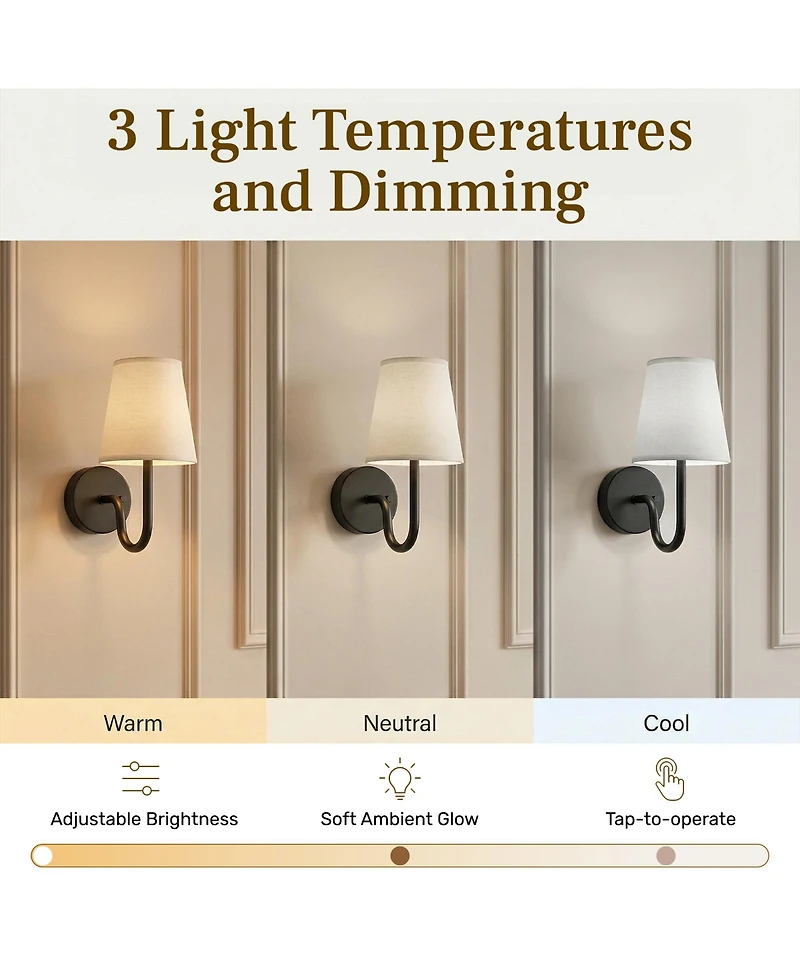 Bell + Howell Set of 2 Modern Fabric Shade Dimmable Led Rechargeable Cordless Touch Control Lights Wall Sconces