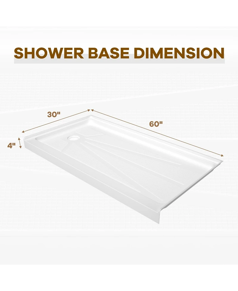 Casainc 60" W x 30" D Acrylic Single Threshold Shower Base, Alcove Pan with Slip-Resistant Surface
