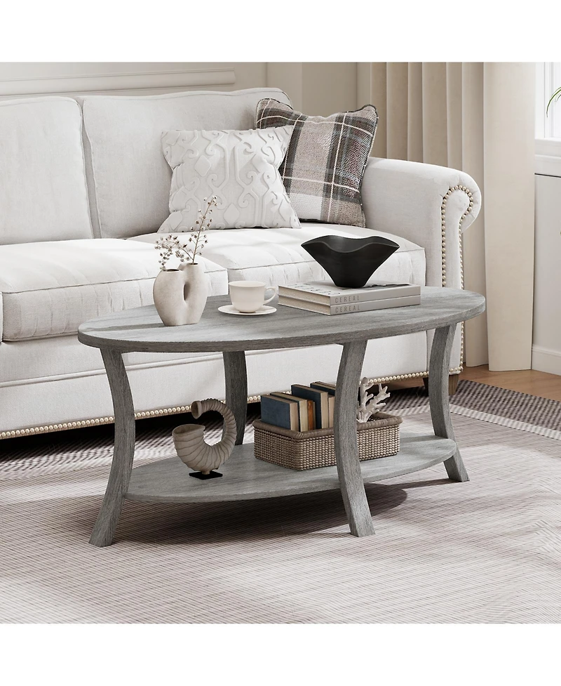 Gymax 2-Tier Oval Coffee Table with Storage Shelf Rubber Wood Accent Tea Table