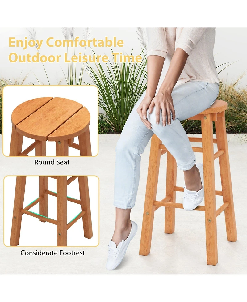 Gymax Set of 2 Outdoor Wood Bar Stools with Round Seat Footrest
