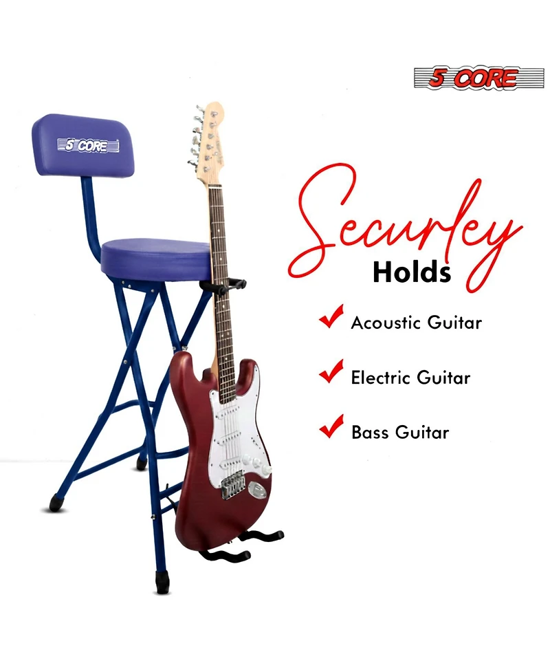 5 Core Guitar Stool Padded Chair w Backrest Foldable Music Seat Built in Foot Rest Guitar Stand