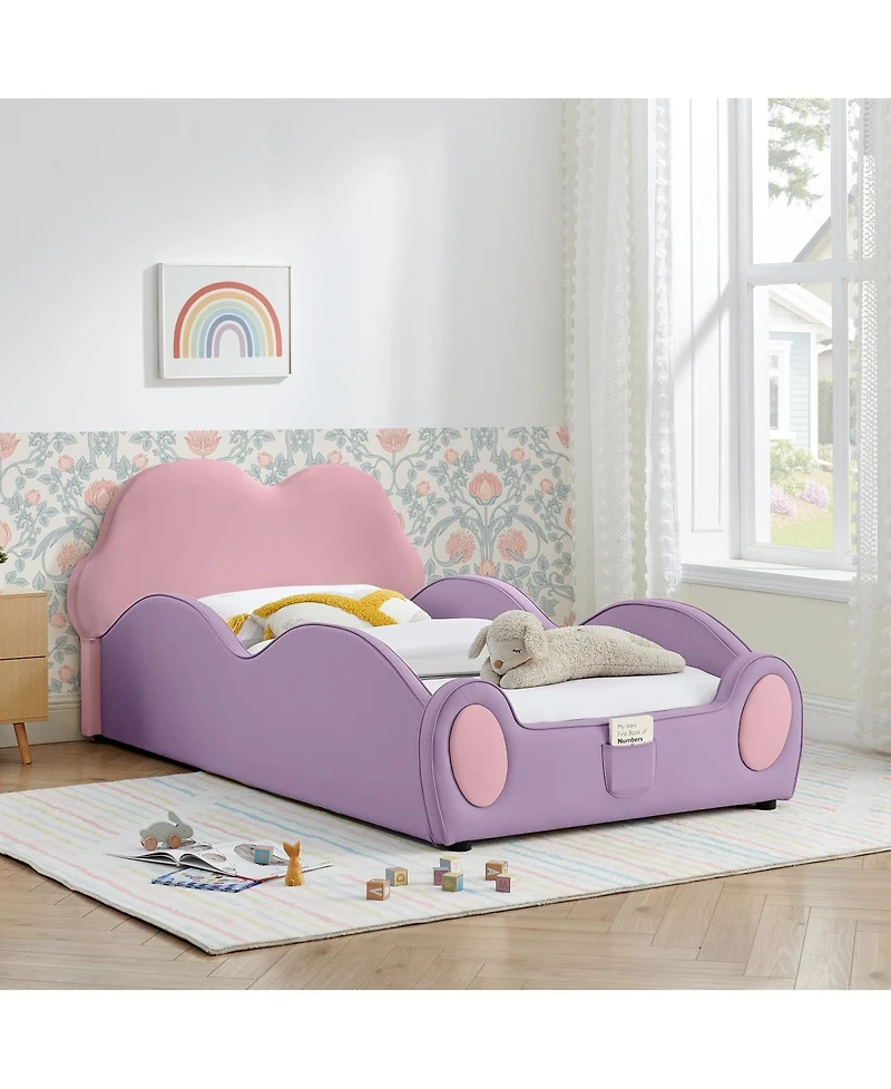 Streamdale Furniture Twin Size Cute Cloud Pu Leather Kids Bed with Guardrails and Storage