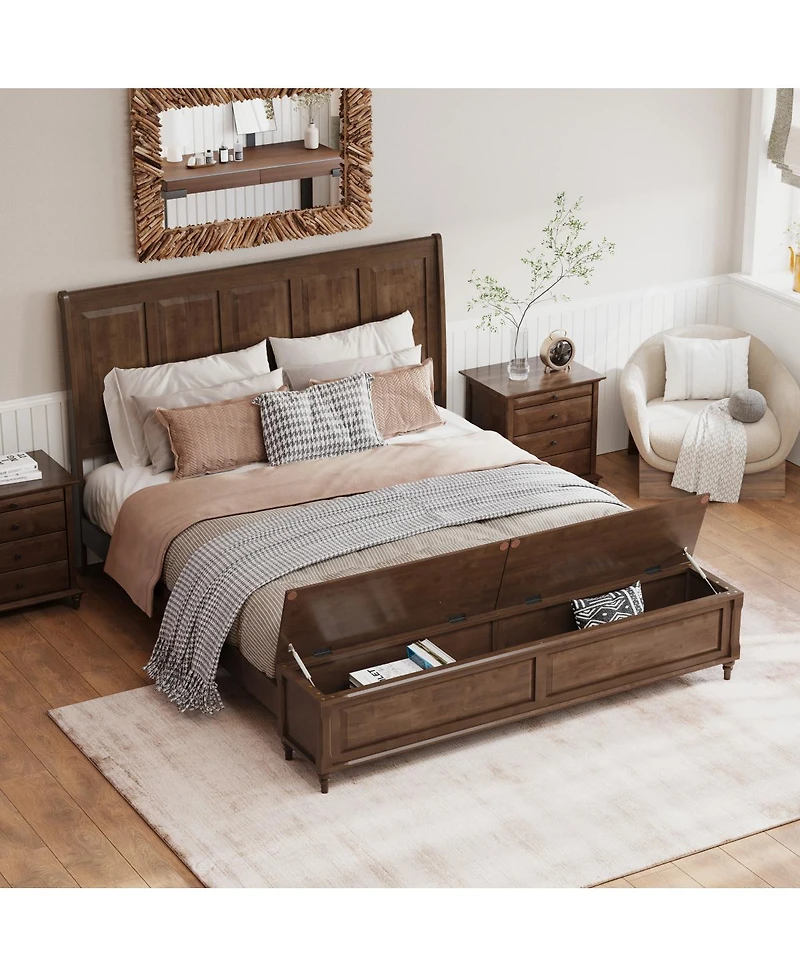 Streamdale Furniture King Bed Frame with Tall Headboard, Storage Bench, and Wood Sleigh Design