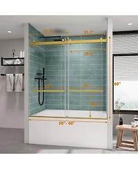 Lovmor Frameless Bathtub Shower Doors 56-60 W x 60 H, Double Sliding Tub Shower Door with Tempered Glass 5/16"(8mm), Brushed Gold
