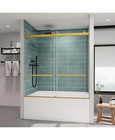 Lovmor Frameless Bathtub Shower Doors 56-60 W x 60 H, Double Sliding Tub Shower Door with Tempered Glass 5/16"(8mm), Brushed Gold