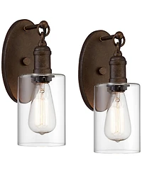 Franklin Iron Works Cloverly Rustic Wall Light Sconces Set of 2 Hardwire 4 1/2" Fixture Led Clear Glass for Bedroom Bathroom Vanity Reading