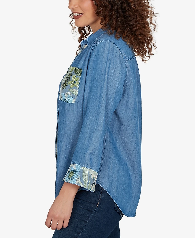 Alfred Dunner Women's Indigo Girls Soft Denim Sequined Button-Front Top