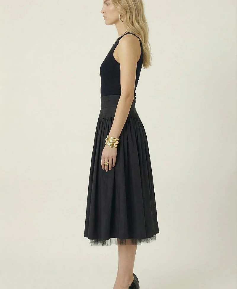Modenaire Women's High Waist Gathered Tulle Hem Midi Skirt