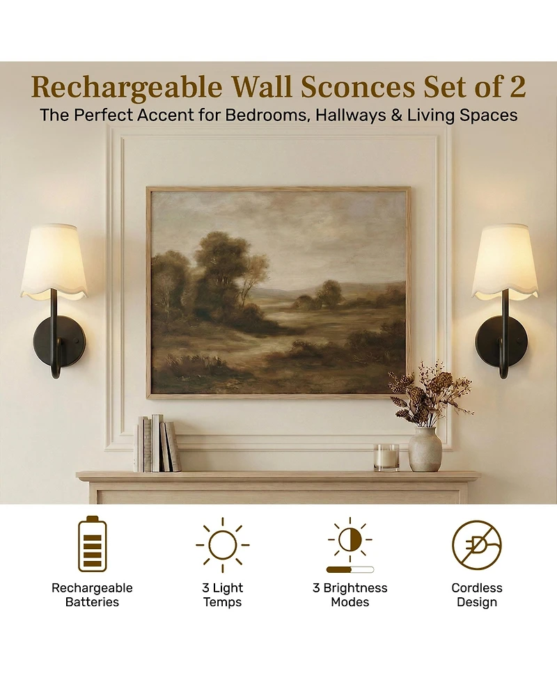Bell + Howell Set of 2 Scallop Shade Dimmable Led Rechargeable Cordless Touch Control Lights Wall Sconces