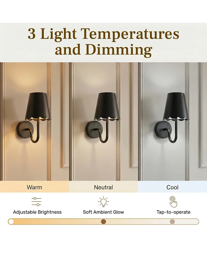 Bell + Howell Set of 2 Metal Scallop Shade Dimmable Led Rechargeable Cordless Touch Control Lights Wall Sconces
