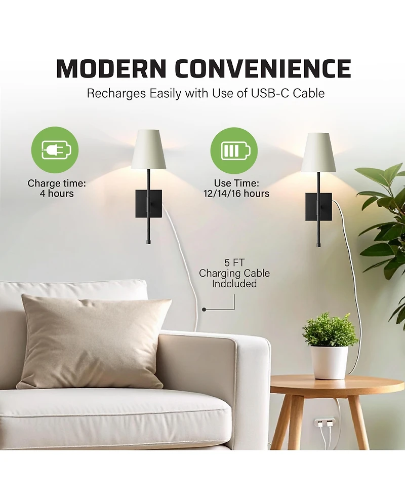 Bell + Howell Fabric Smooth Shade Dimmable Led Rechargeable Cordless Touch Control Lights Wall Sconces