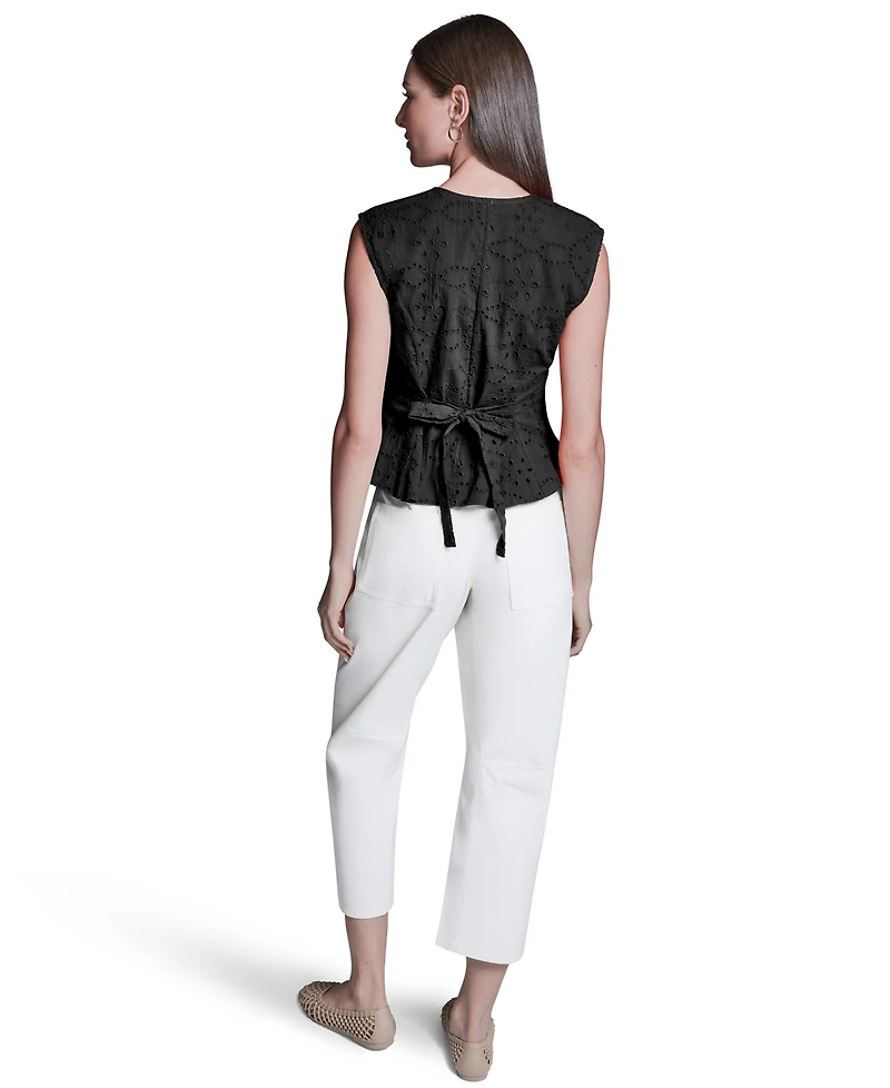Bcbg Women's Eyelet Detail Sleeveless Square Neck Peplum Top