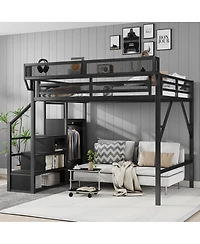 Streamdale Furniture Full Size Metal Loft Bed with Stairs, Storage Shelves, and Wardrobe