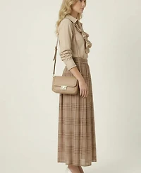Modenaire Women's Plaid Pleated Maxi Skirt With Side Pockets