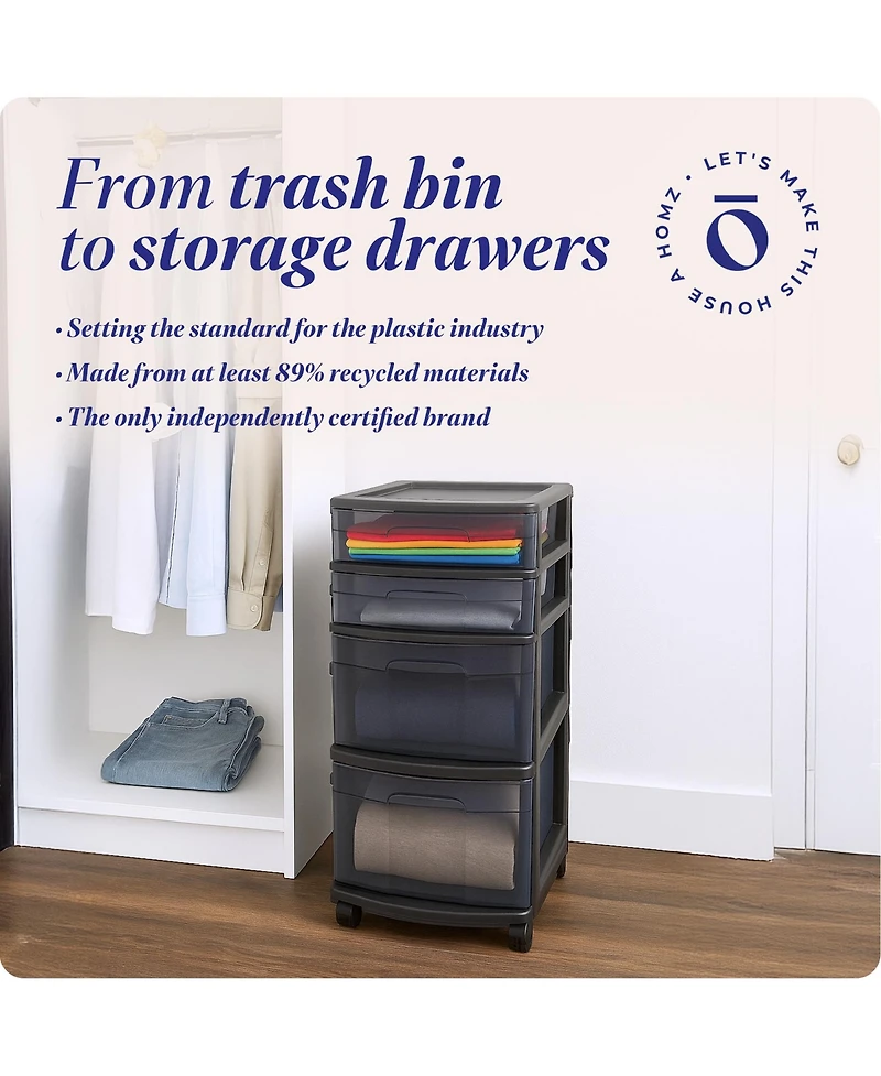 Homz Tall Solid Plastic 4 Drawer Medium Storage Cart with Wheels