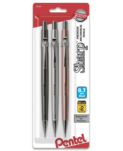 Pentel Sharp Mechanical Pencil (0.7mm) Metallic Barrels, Assorted Colors (Z/Ms/MK1), 3-Pack