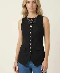 Modenaire Women's Longline Button Front Flap Pocket Vest