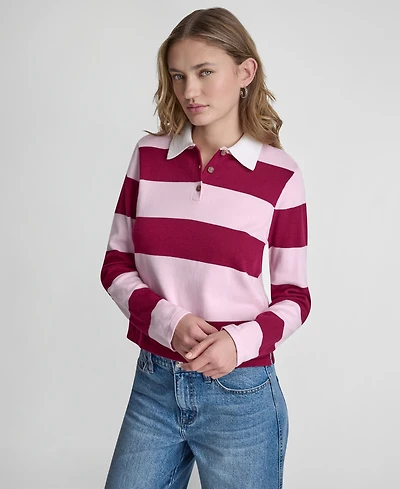 Dkny Jeans Women's Long-Sleeve Logo Charm Multi-Stripe Cotton Polo Sweater