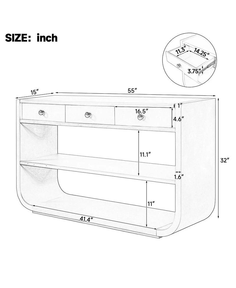 Streamdale Furniture Modern Curved Console Table with 3 Drawers and 2 Shelves, Solid Wood Base