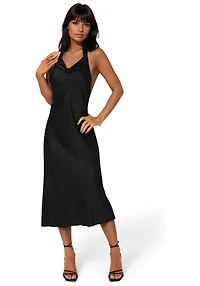 Bebe Women's Satin Halter Front Cowl Neck Midi Dress