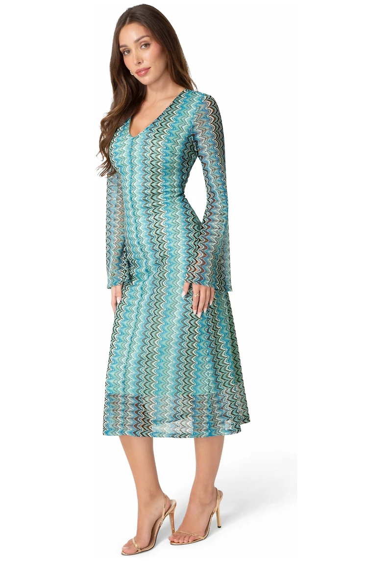 Bebe Women's Crochet Stripe Bell Sleeve Maxi Dress