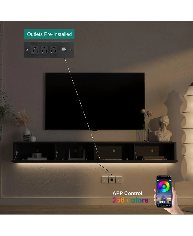 Streamdale Furniture Floating Wall-Mounted Tv Stand with Led Lights and Power Outlet