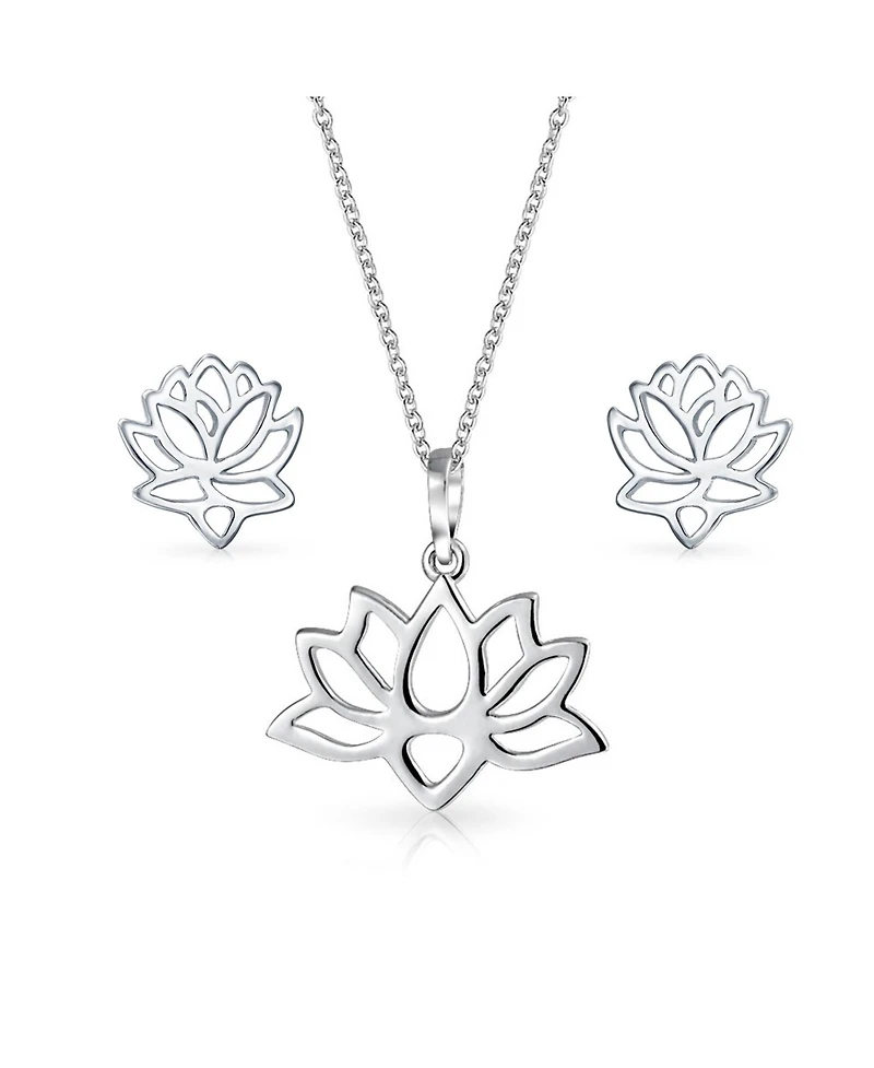 Bling Jewelry Open Lily Flower Zen Lotus Pendant Necklace and Stud Earrings Jewelry Set