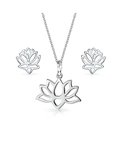 Bling Jewelry Open Lily Flower Zen Lotus Pendant Necklace and Stud Earrings Jewelry Set